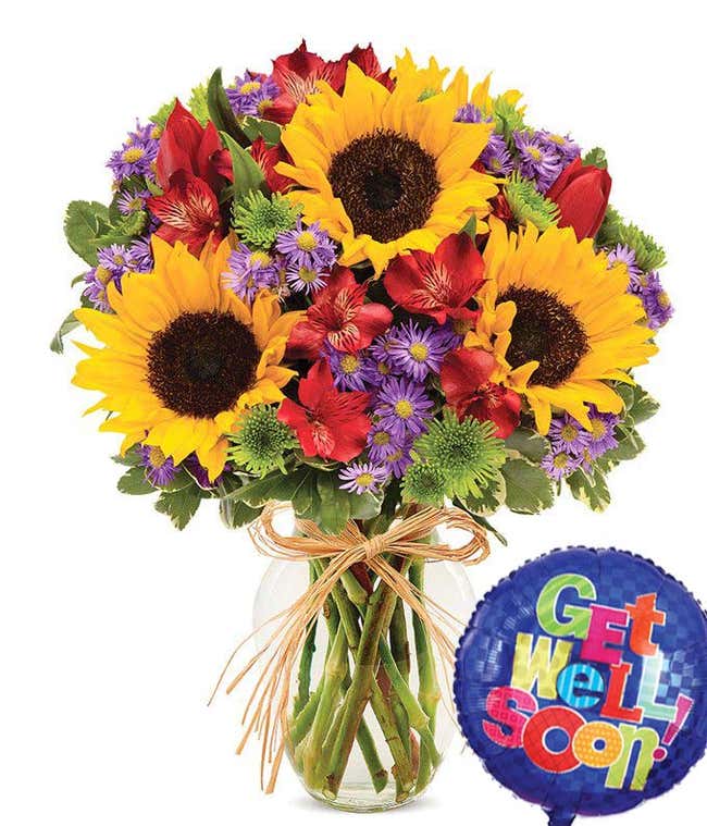 Get well soon flower arrangement with sunflowers, tulips and get well balloon