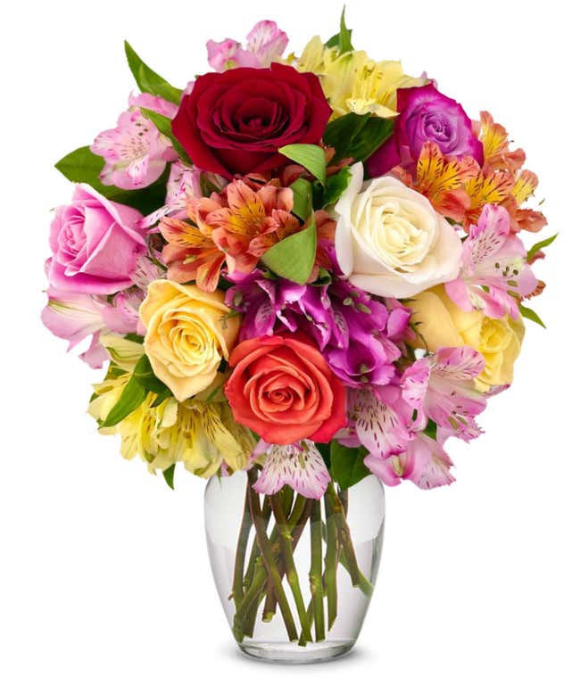 Mixed roses are delivered with Alstroemerias 