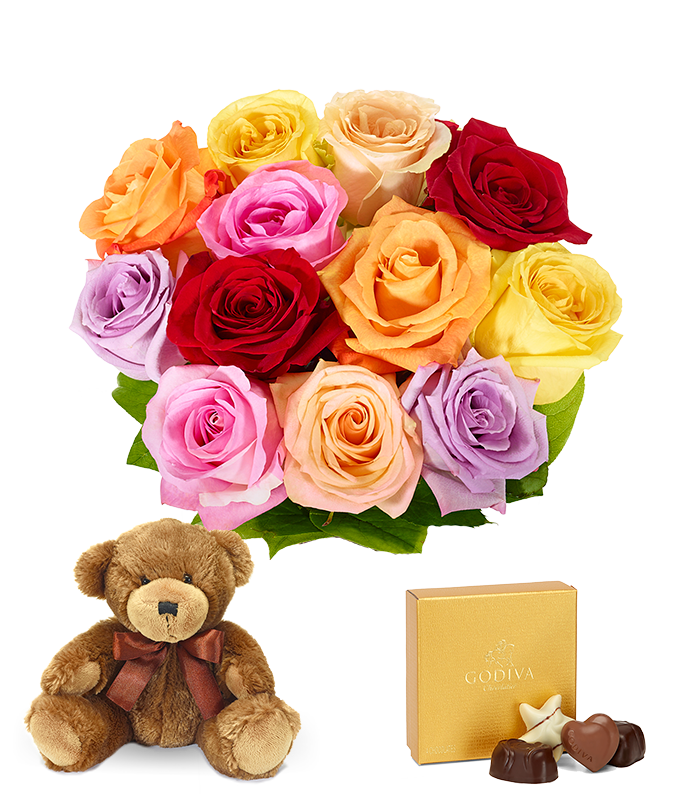 One Dozen Rainbow Roses + Chocolate + Bear